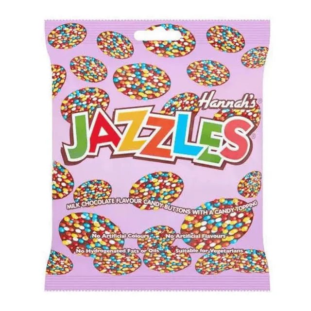 Hannah's Jazzles čokoladni bomboni u ljubičastom pakiranju s šarenim preljevom