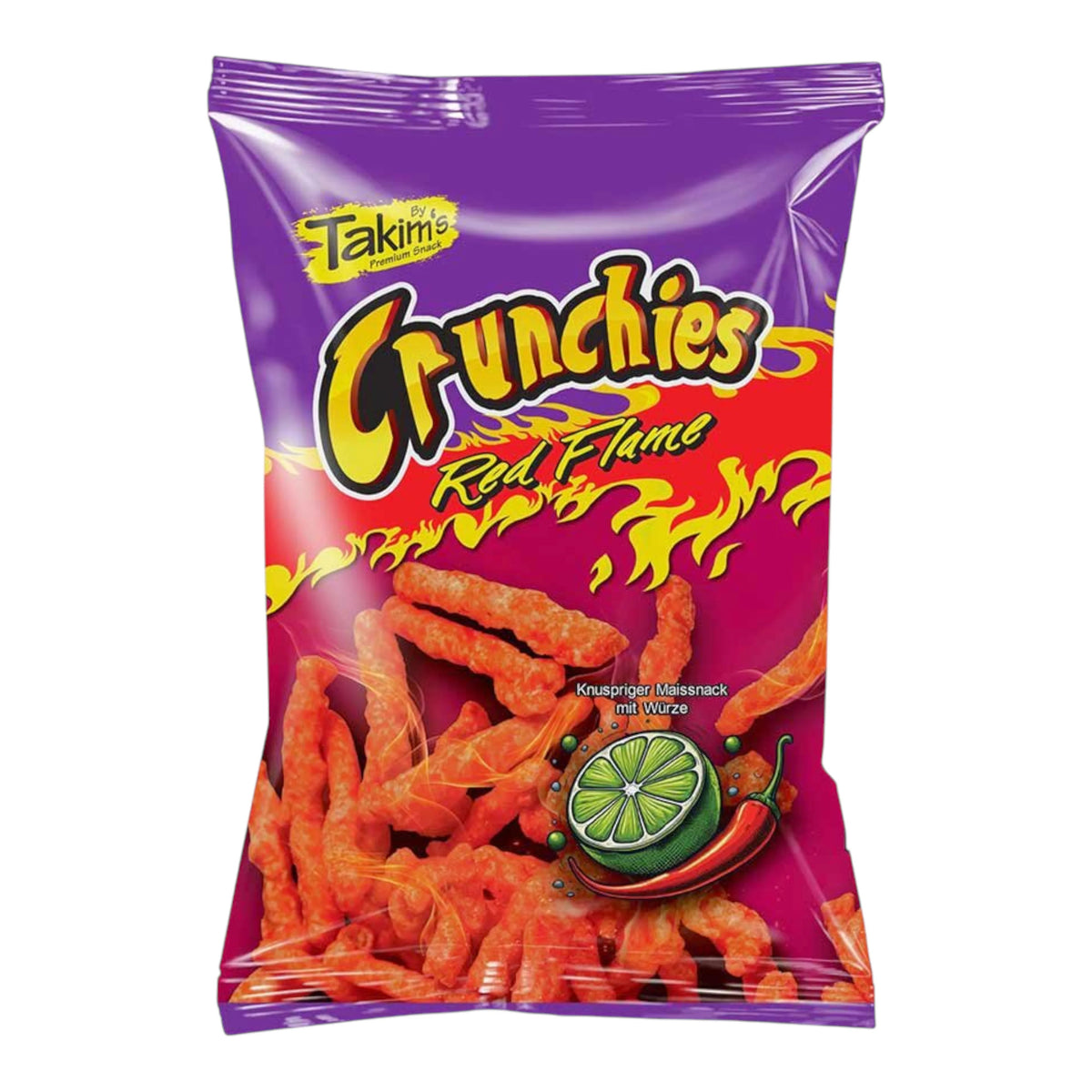 Vrećica Takim's Crunchies ljutih čili i limeta čipsa, narančasti komadi u pakiranju